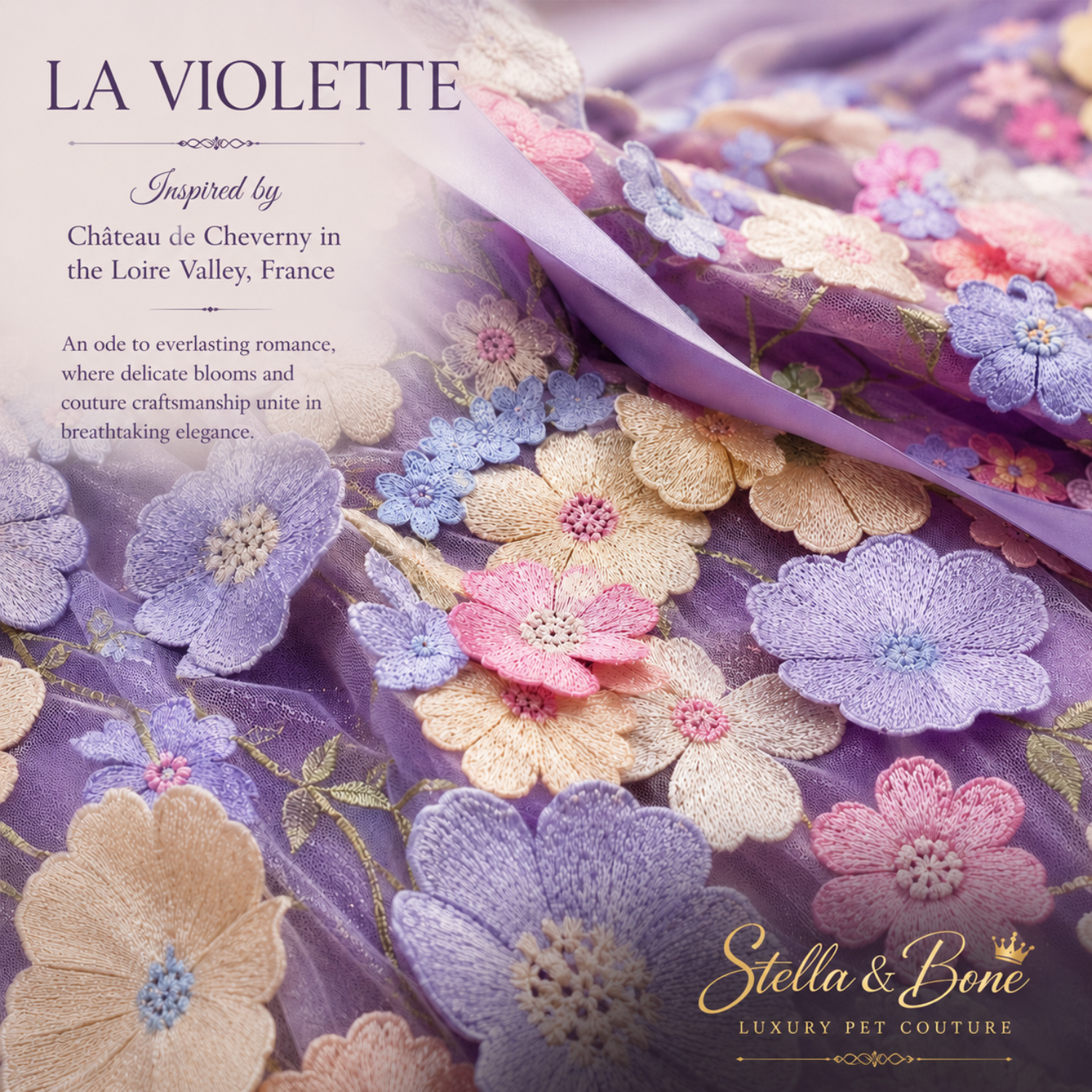 La Violette close-up of 3D embroidered pastel flowers on lavender tulle — luxury floral dog gown detail in Loire Valley