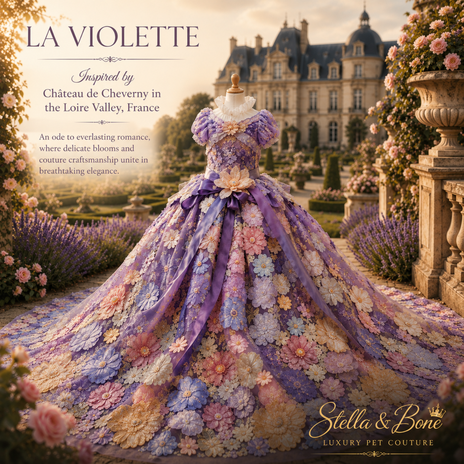 La Violette lavender floral dog gown at Chateau de Cheverny — couture princess gown. Perfect for weddings and photo shoots