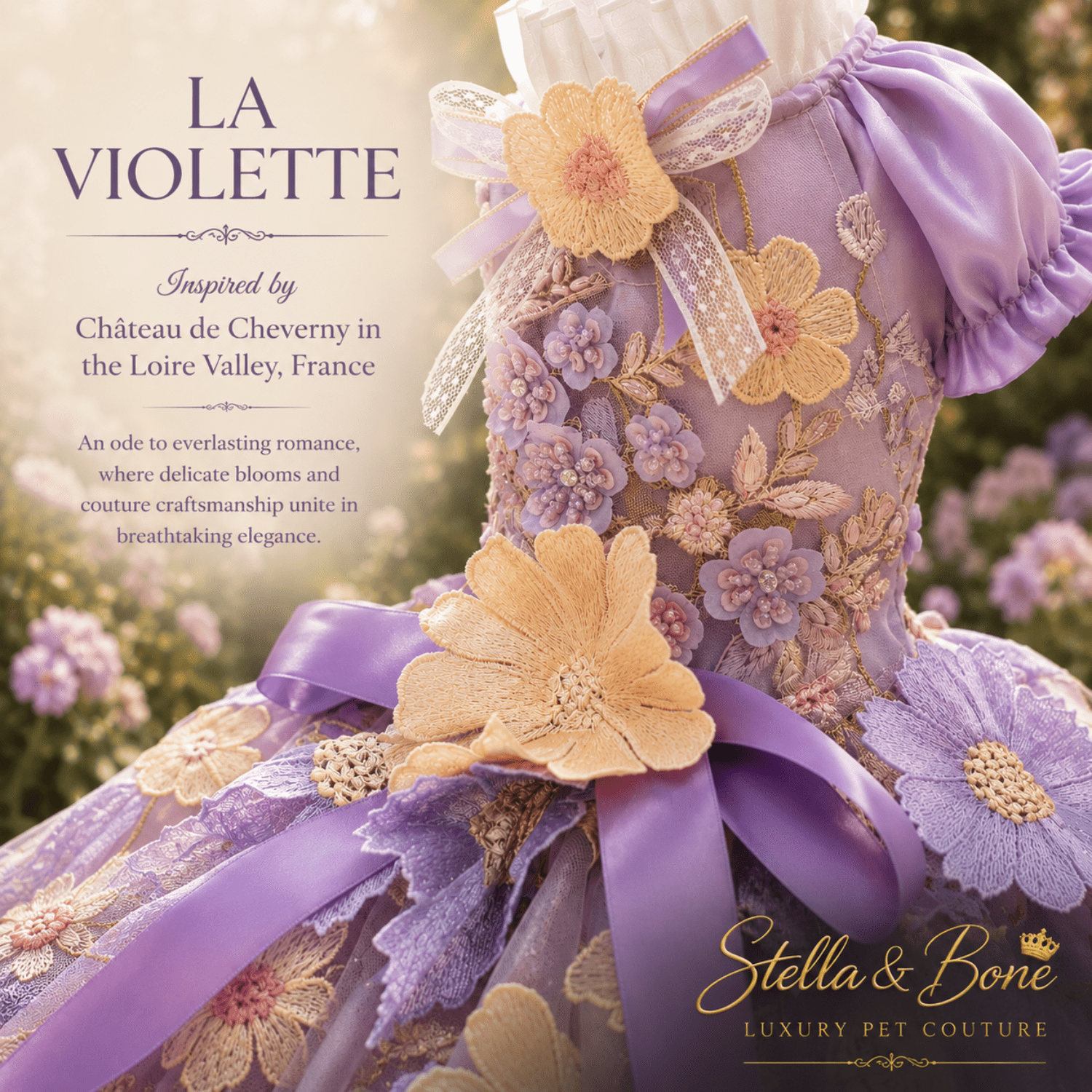 La Violette back view with gold embroidered flowers and lavender bow — fancy dog gown for weddings and garden parties