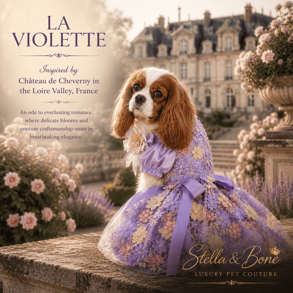 Cavalier King Charles Spaniel in La Violette lavender floral gown at Loire Valley chateau — luxury dog wedding gown