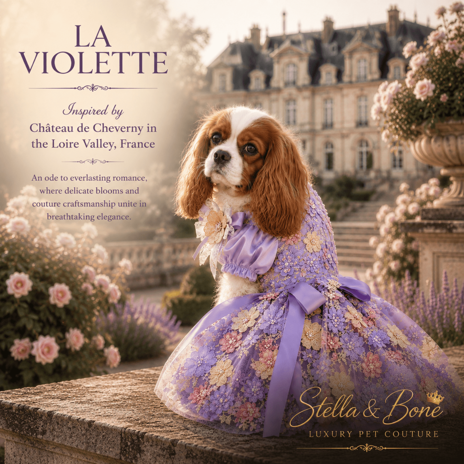 Cavalier King Charles Spaniel in La Violette lavender floral gown at Loire Valley chateau — luxury dog wedding gown