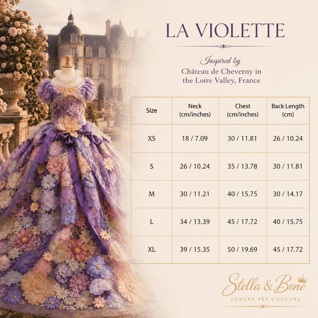 La Violette lavender dog gown size chart XS to XL — neck chest and back measurements in cm and inches