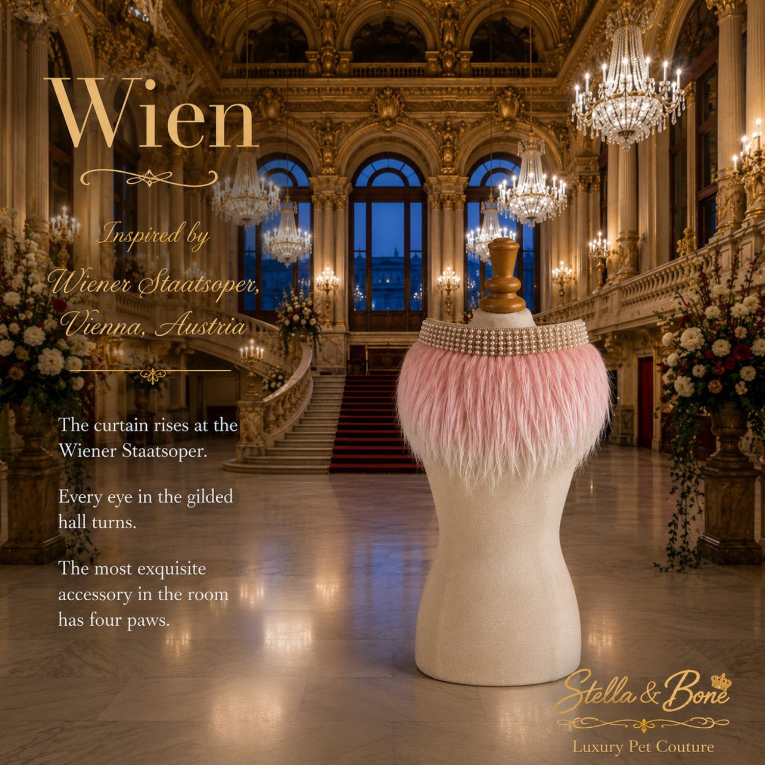 Wien pink fur neck wrap and crystal choker on mannequin in Vienna opera house foyer perfect for dog wedding or gala