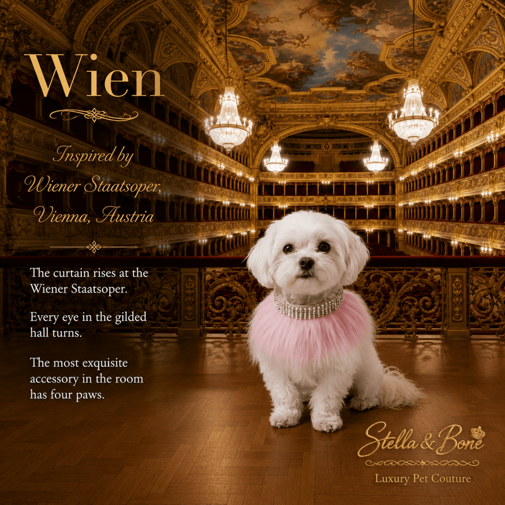 White Maltese wearing Wien pink fur neck wrap and crystal choker on stage at Wiener Staatsoper Vienna Austria
