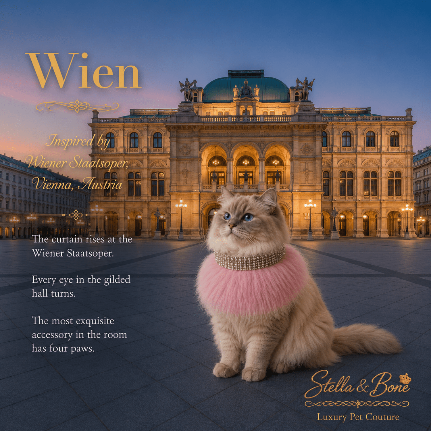 Ragdoll cat in Wien pink fur neck wrap and crystal choker outside Wiener Staatsoper Vienna Austria at twilight
