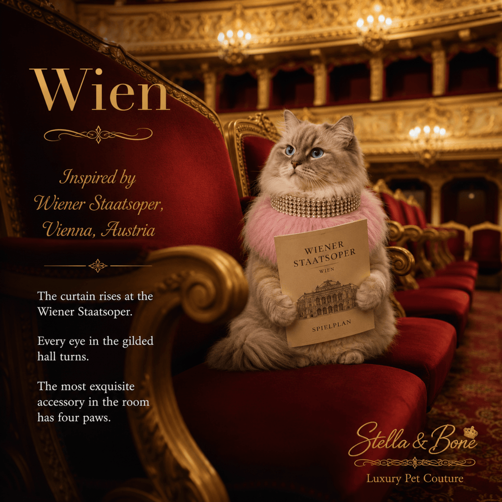 Ragdoll cat wearing Wien pink fur neck wrap and crystal choker at Wiener Staatsoper opera house Vienna Austria