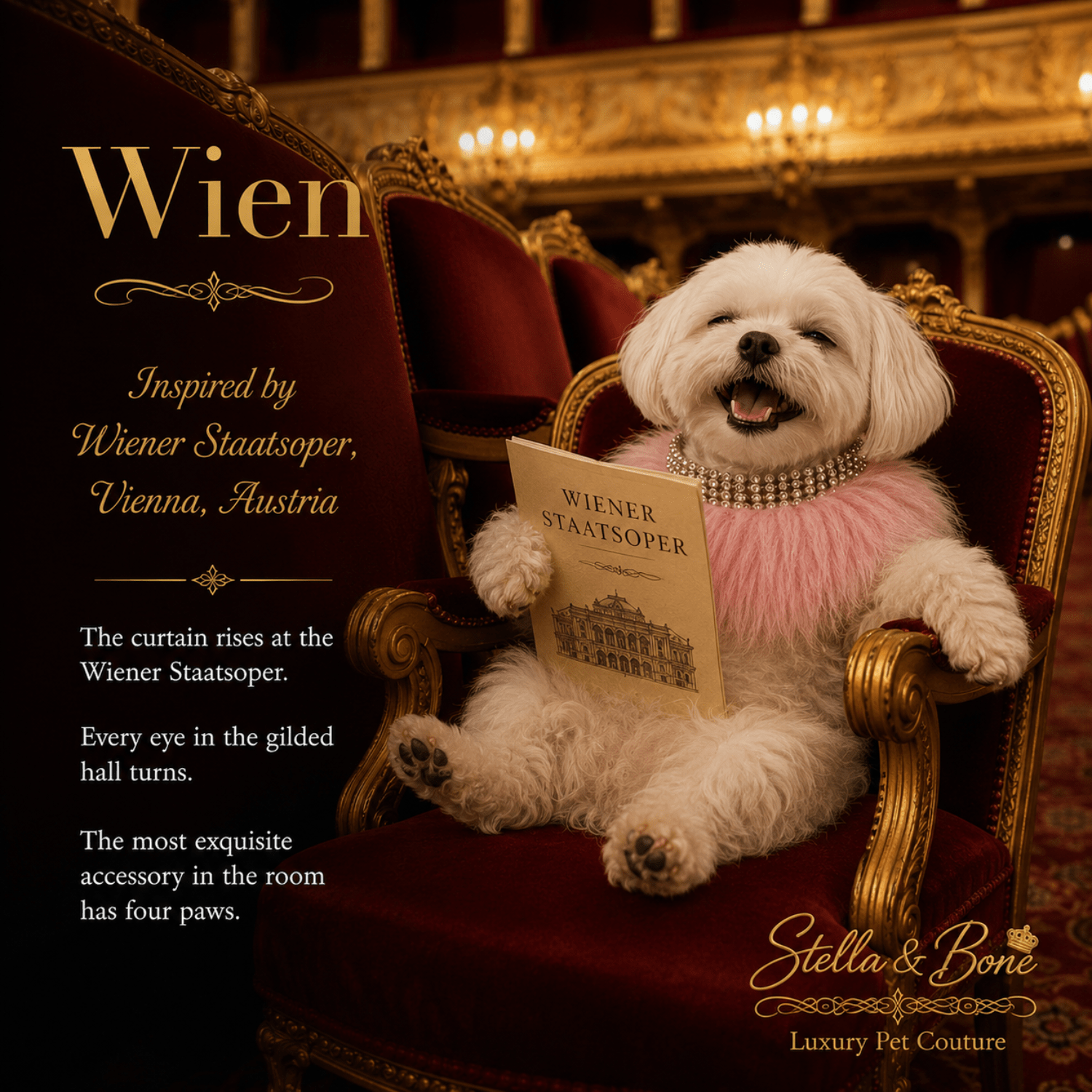 White Maltese in Wien pink fur neck wrap and pearl choker in red velvet opera chair Wiener Staatsoper Vienna