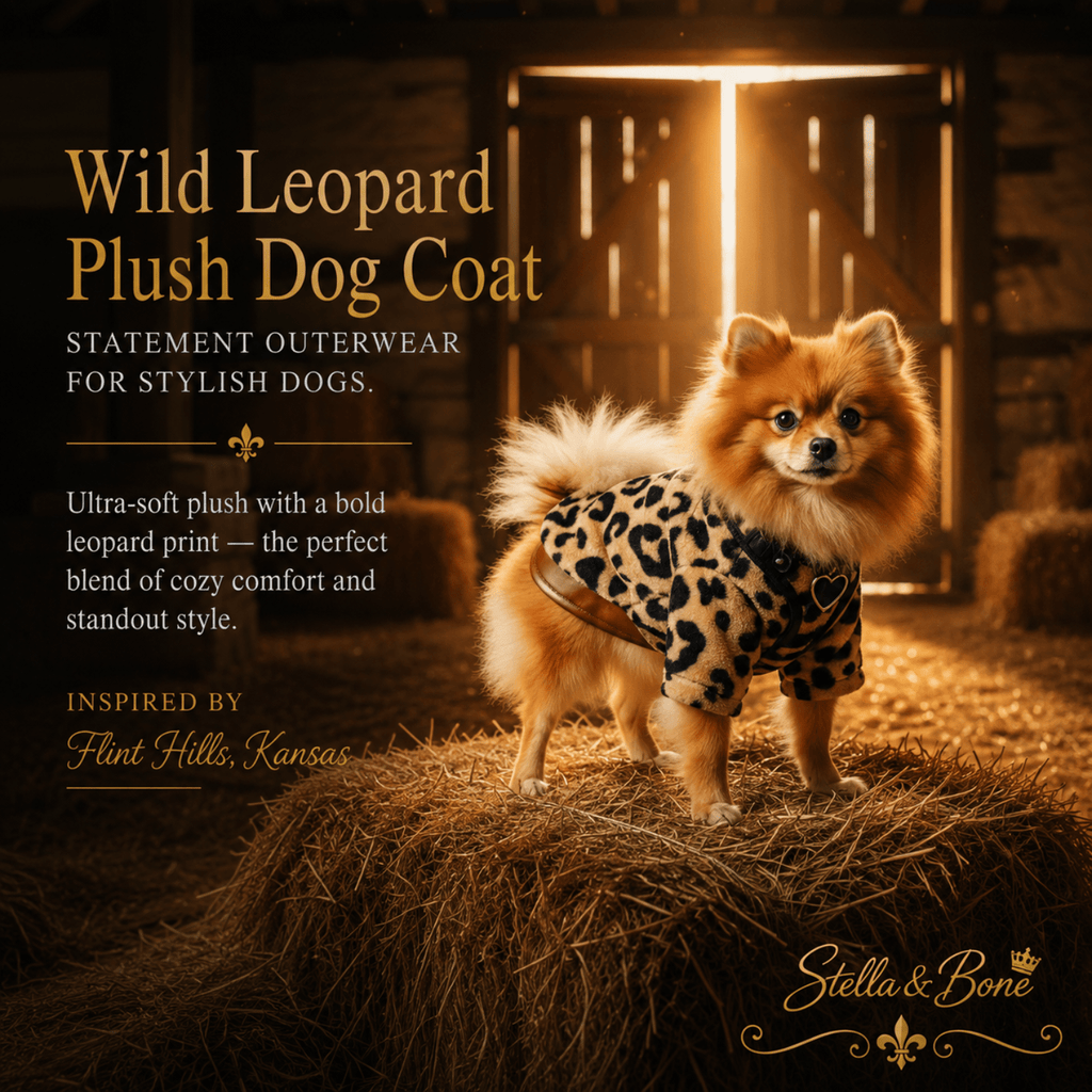 Dog wearing Wild Leopard Plush Dog Coat inspired by Flint Hills, Kansas. Freedom of movement. Great for chilly walks.