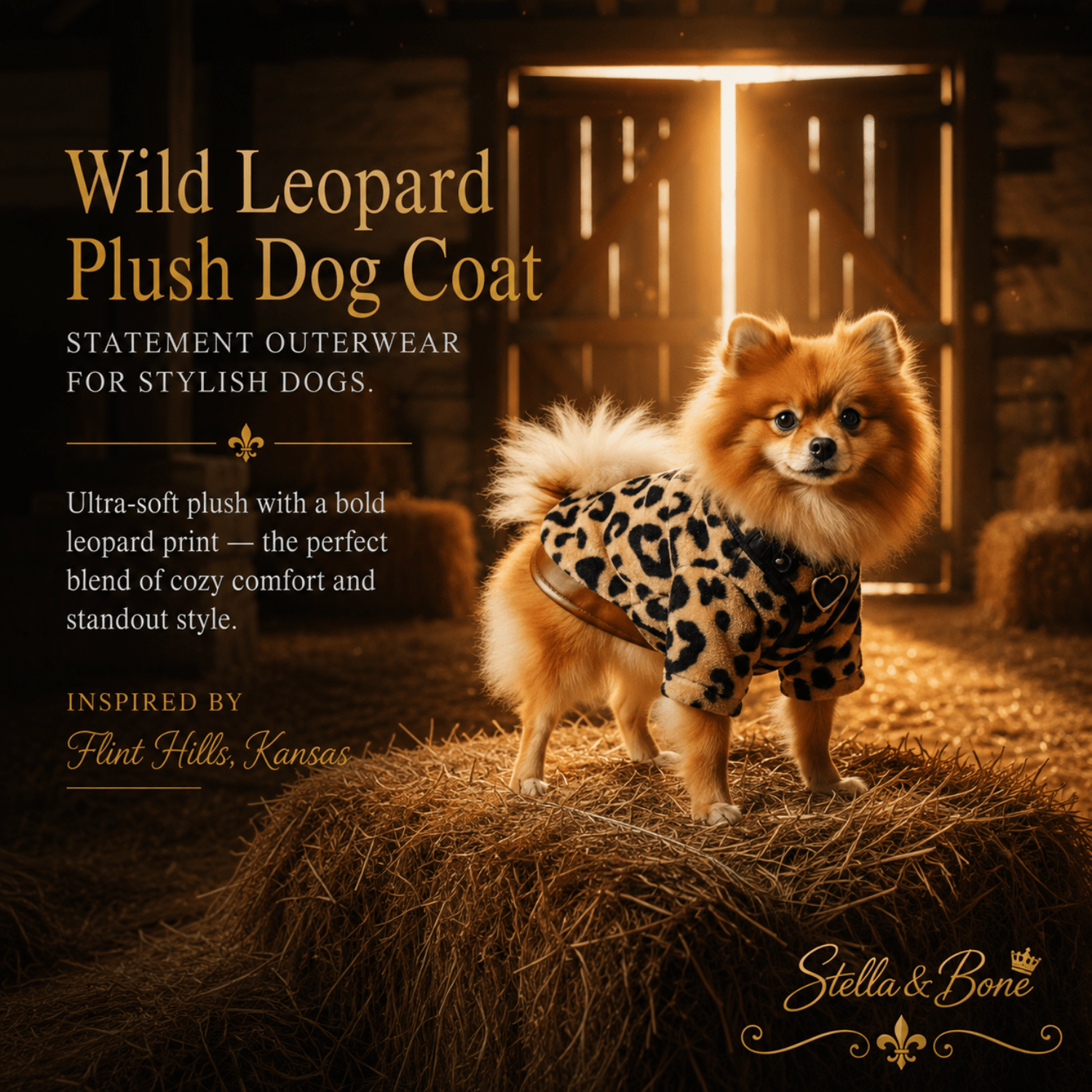 Dog wearing Wild Leopard Plush Dog Coat inspired by Flint Hills, Kansas. Freedom of movement. Great for chilly walks.
