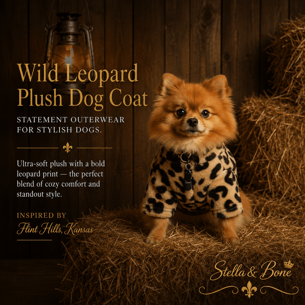 Small dog wearing Wild Leopard Plush Dog Coat in a barn in Flint Hills, Kansas. Perfect blend of cozy, warmth and comfort.
