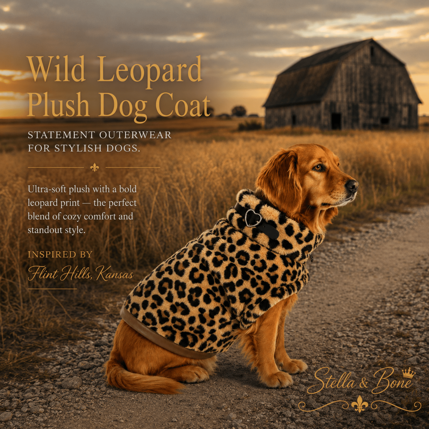 Golden Retriever wearing Wild Leopard Plush Dog Coat, statement piece great for a crisp morning walk.