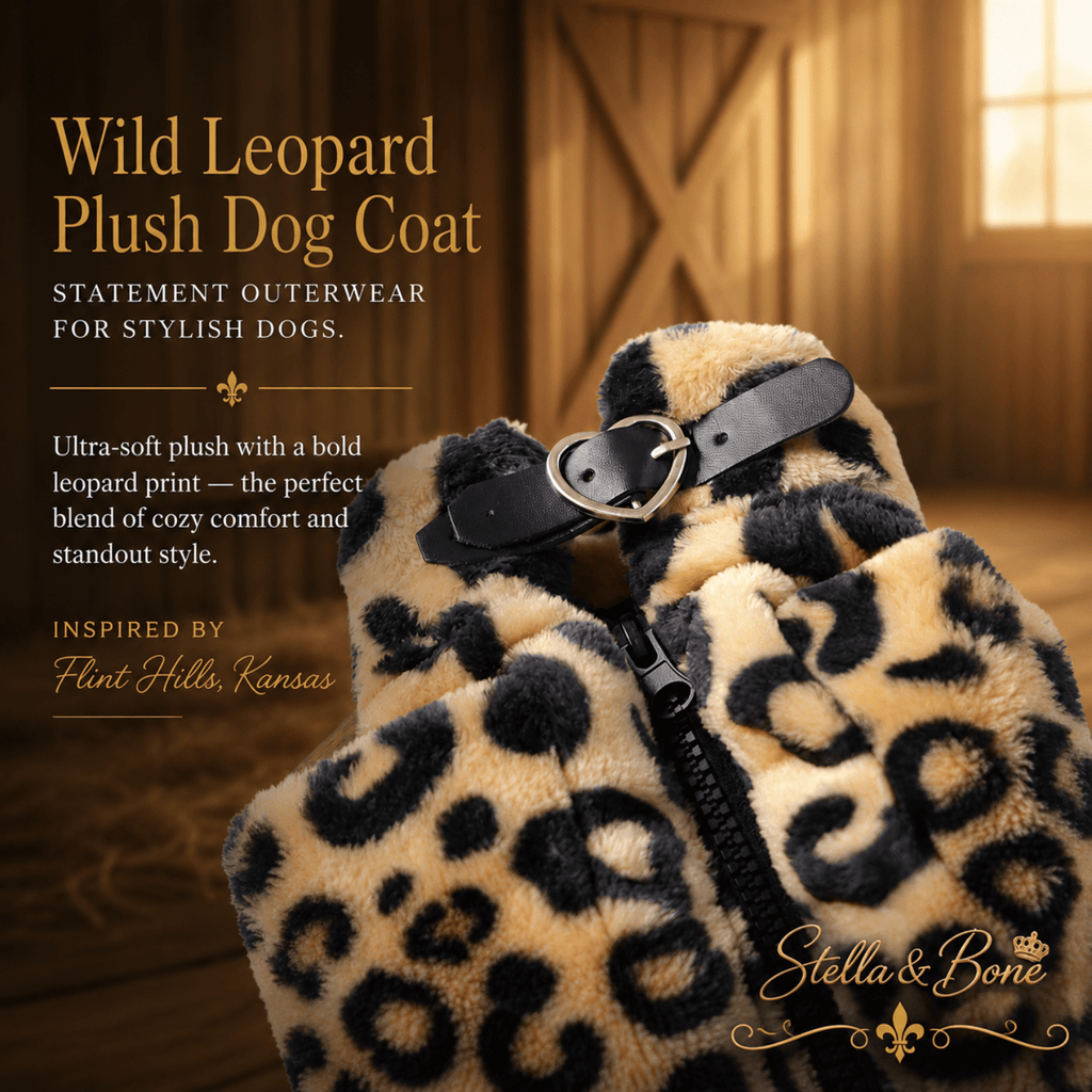Detail of Wild Leopard Plush Dog Coat, eye-catching and on trend, relaxed fit for dogs of all breeds.