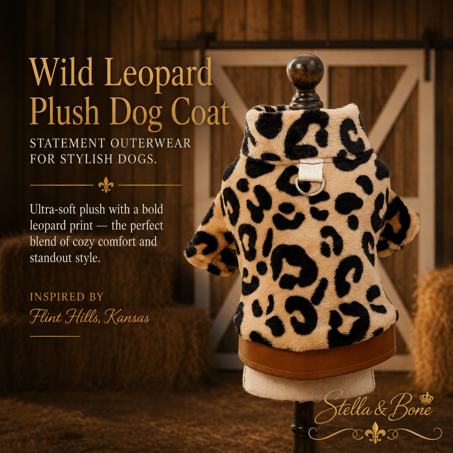 Close-up of Wild Leopard Plush Dog Coat, statement piece, warm, cozy and comfortable for all day wear.